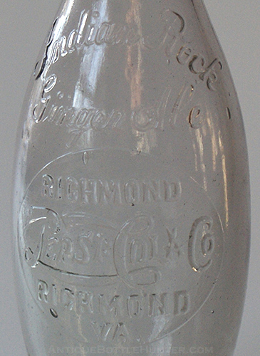 A close-up photo - Indian Rock Ginger Ale, bowling pin Pepsi:Cola from Richmond, VA. --- AntiqueBottleHunter.com